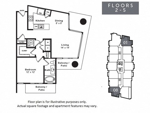 Floor plan for 1 bed, 1 bath, 910 sqft